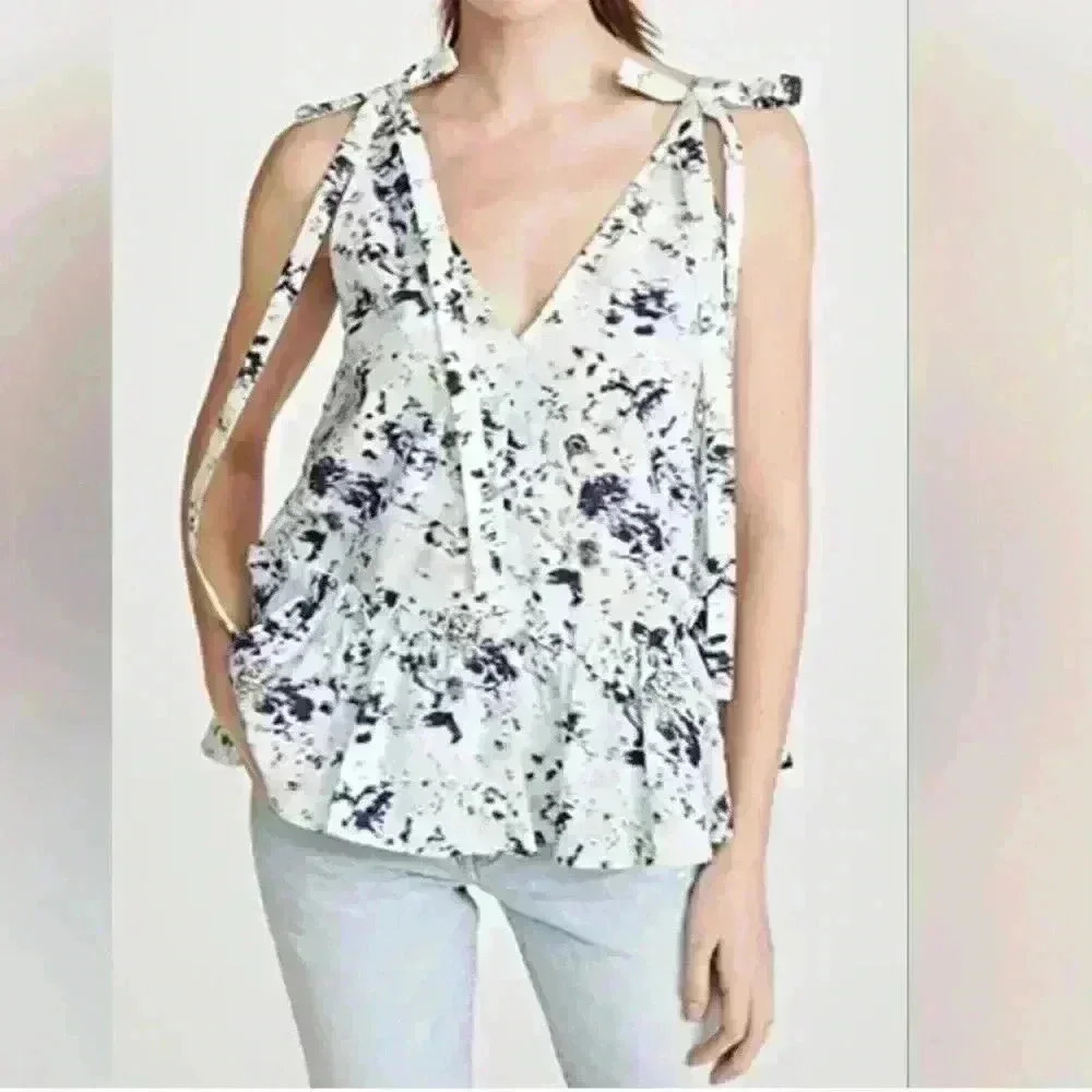 Jason Wu Magnolia Blue Blurred Tie Shoulder Blouse | Size 6